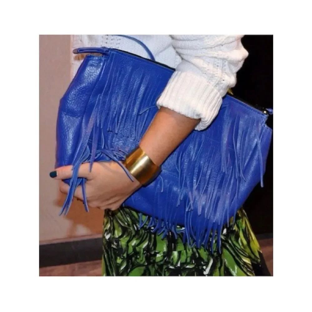 Large Fringe Clutch - Royal Blue - Zip Closure - BRAND NEW Leather Purse